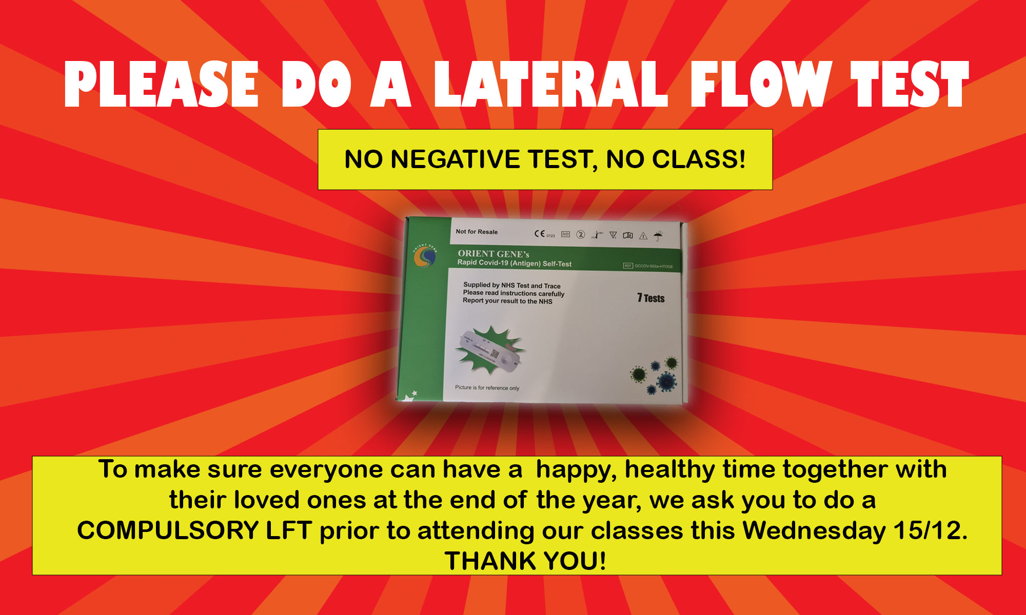 Compulsory lateral flow test prior to classes Letchworth Tango Academy